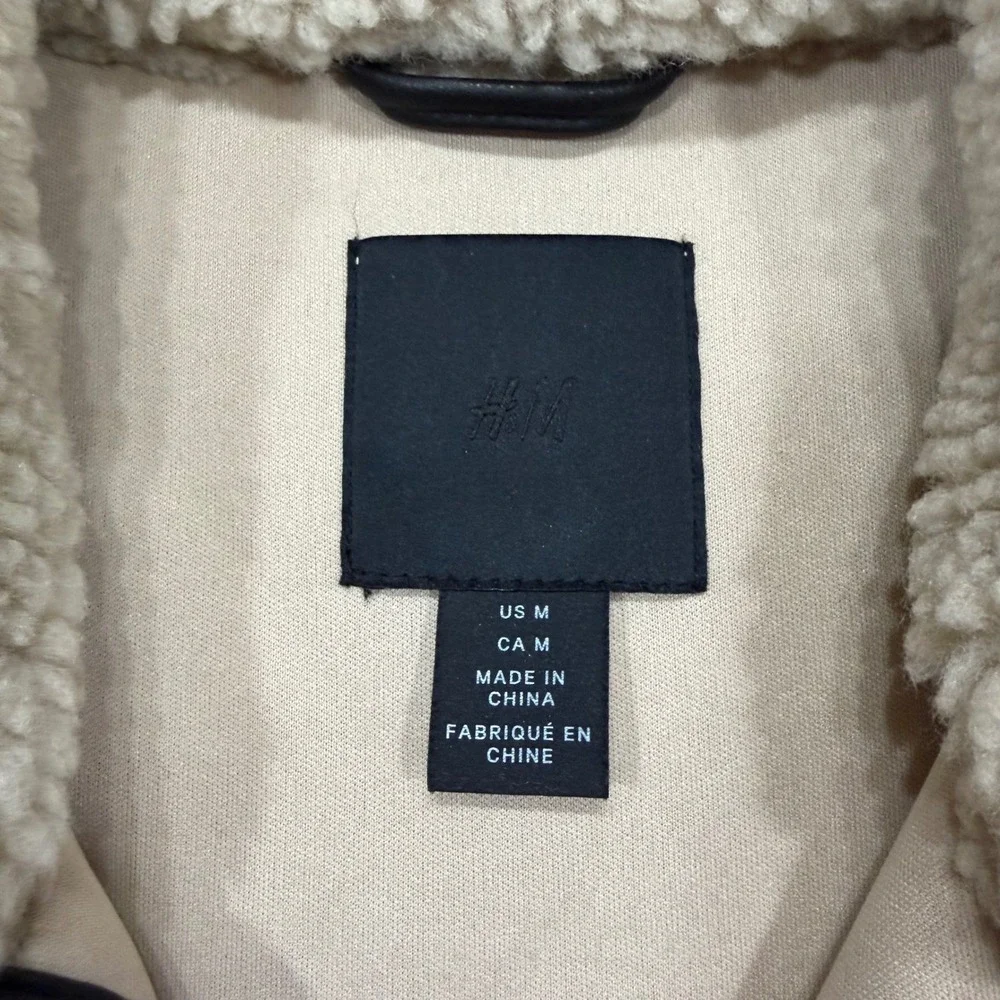 HM Women Beige Pile Fleece Teddy Jacket Faux Leather Trim Zip Up Coat Medium ws